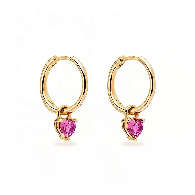 Milskye Delicate Sterling Silver Jewelry 18k Gold Plated pink Diamond Heart Charm Hoop Earrings