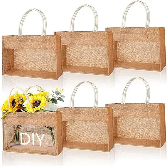 Wholesale Customized Logo Letter Pattern Jute Tote Bags PVC Window Silk Screen Printing Shoulder Closure 10-15KG Capacity for