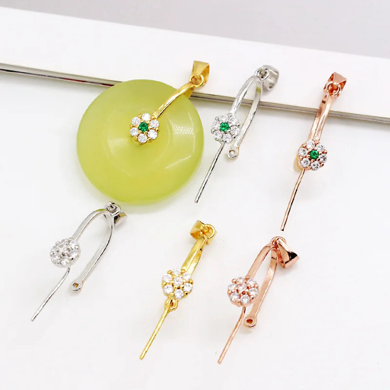 Big Gemstone Pendant Pinch Clasp 925 Sterling Silver Gold Plated Pinch Bail With Pave Zircon Flower for Necklace Jewelry Making