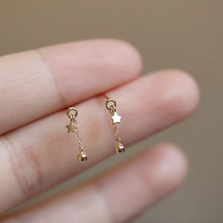 Silver earring Tiny Stars Stud Earrings Ball Tassel Earrings