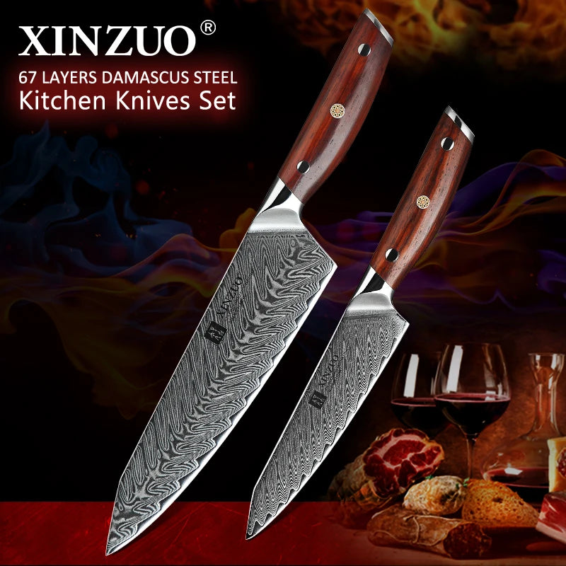 2 PCS Professional Carbon Steel Chef Knives Razor Sharp Damascus Kitchen Knife Set