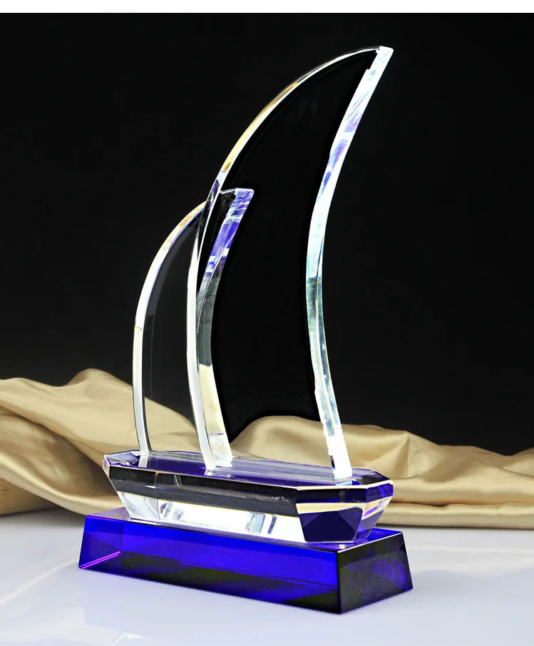 Blue Yacht Boat Shape Optical Crystal Glass Trophy MH-NJ0126