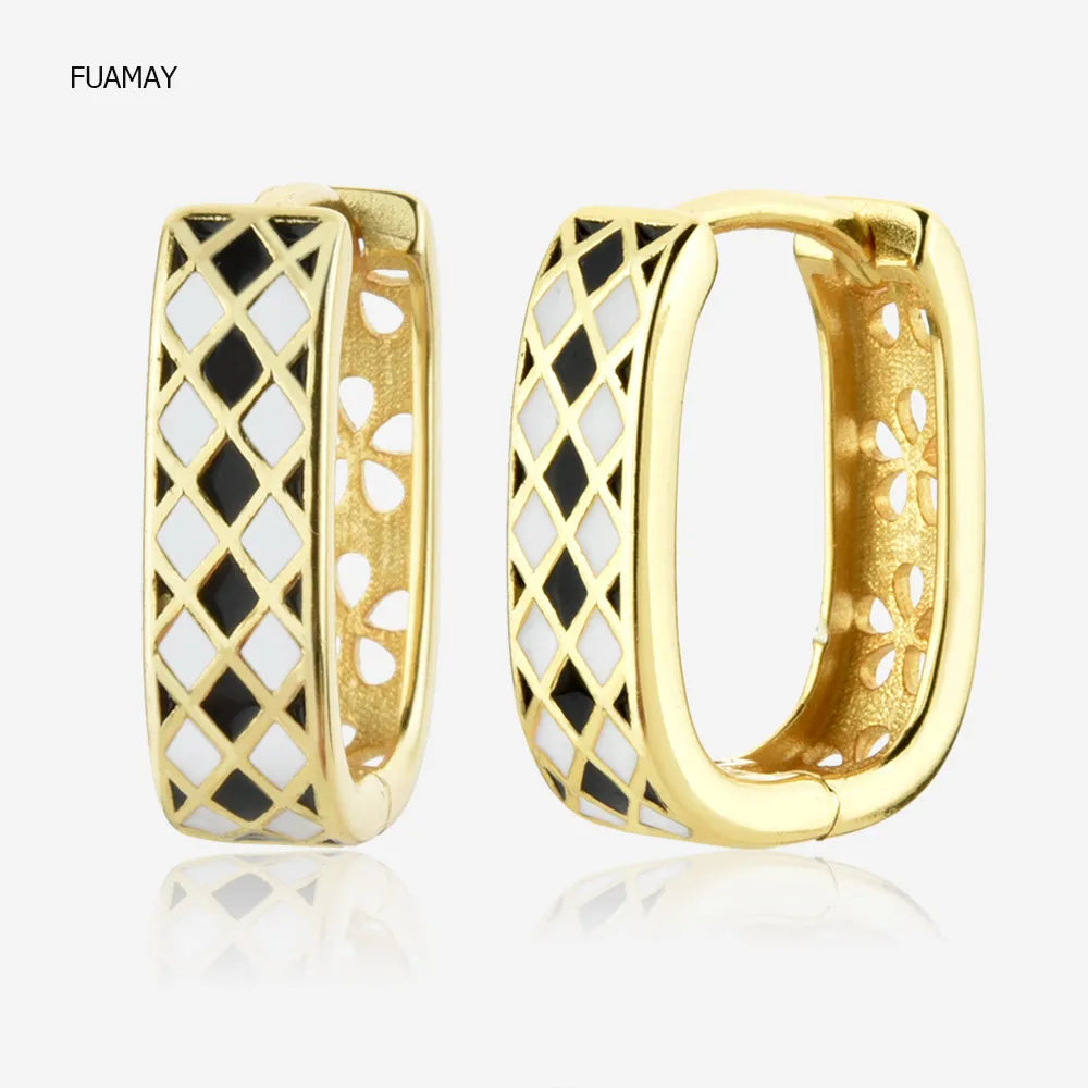 FUAMAY 18k Joyeria Enamel Hoop Earrings Square Shaped Black White Enamel Large Hoop Earrings