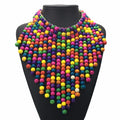 Trendy Boho African Wooden Beaded Bib Necklace Costumes Jewelry with Link Chain Chunky Collar Wood Layered Cluster Strands