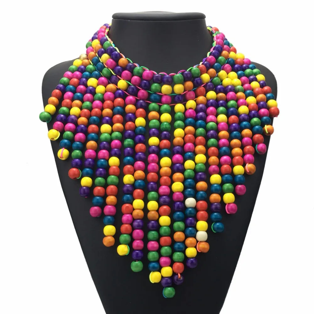 Trendy Boho African Wooden Beaded Bib Necklace Costumes Jewelry with Link Chain Chunky Collar Wood Layered Cluster Strands