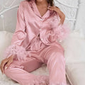 Winter Fall Plus Size Lady Sleepwear Silk Satin Solid Feather Long Sleeve Home Wear Women's Pajama Set