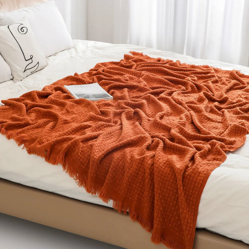Top Quality Super Soft Custom Logo Home Decor Sofa Bed Breathable Polyester Acrylic Knitted Throw Blankets With Tassel