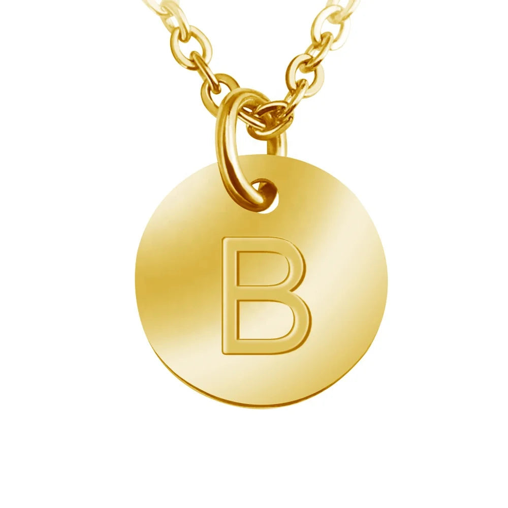 Stainless Steel Lucky A-Z Letters Engraved Personalized Number Initial Charm Pendant Necklace LOGO Small Round Disks for Men