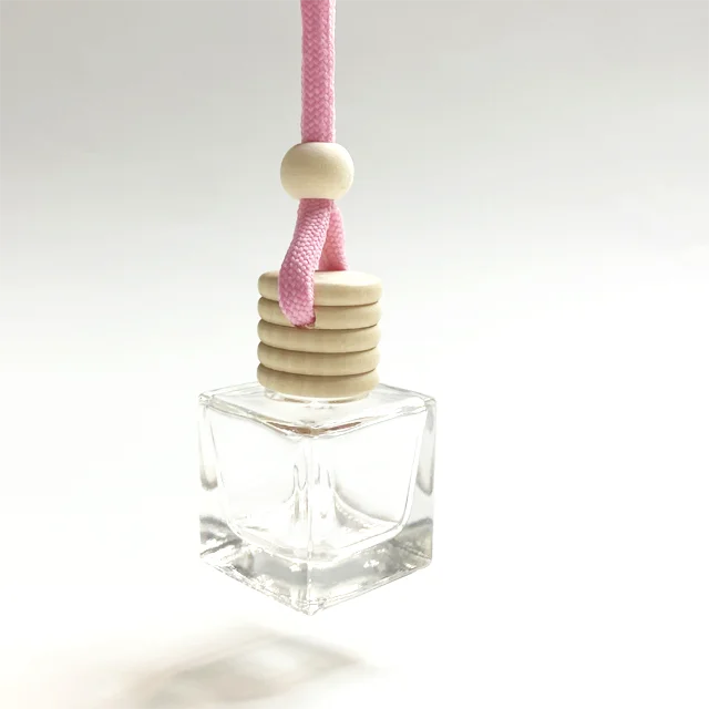 Luxury Empty Clear 10ml Square Shape Screen Printing Wooden Lid Hanging Car Diffuser Air Freshener Glass Perfume Bottle