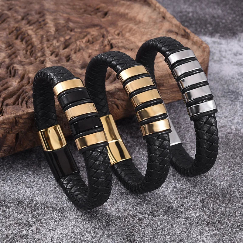 Fashion Black Braided Genuine Leather Handmade Bangle Stainless Steel Magnetic Buckle Punk Jewelry Gift for Men