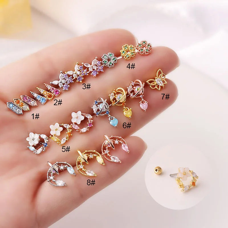 Stainless Steel Ladies Fashion Flower Star CZ Hoop Cartilage Earring Helix Conch Lobe Tragus Stud Ear Piercing Jewelry
