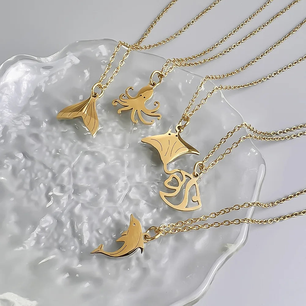 Stainless Steel 18K Gold Ocean Jewelry Cute Sea Life Animal Octopus Fishtail Whale Dolphin Necklace for Women Ladies