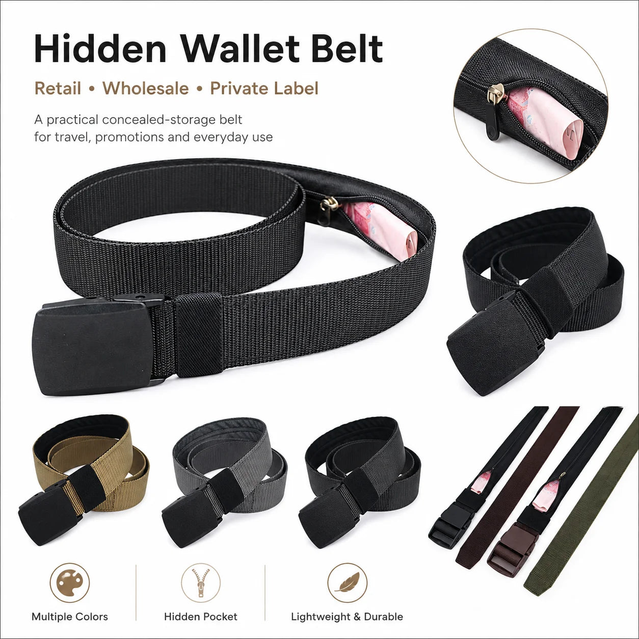 Hidden Wallet Belt 38mm Concealed Zipper Pocket Tactical Nylon Webbing Belt for Travel Outdoor Daily Wear Adjustable Buckle