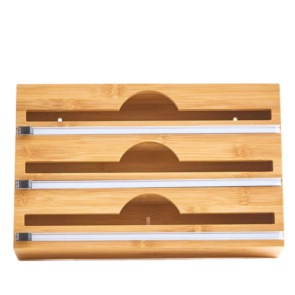 Hot Sale 2-in-1 American Style Kitchen Roll Organizer Cling Holder with Cutter-Bamboo Foil Wrap Dispenser for Wholesale