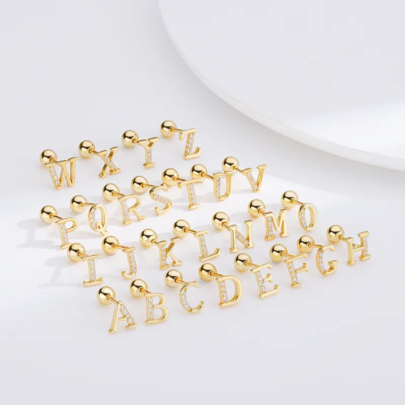 Exquisite Gold Plated S925 Sterling Silver 26 English Letter Screw Stud Earrings A-Z Alphabet CZ Piercing Earrings Initial Gifts