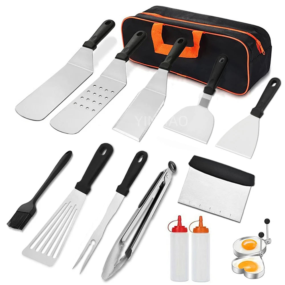 Promotion Price 14Pcs Flat Top Grill Accessories Set Stainless Steel Griddle Grill Tools for Outdoor BBQ Teppanyaki Camping
