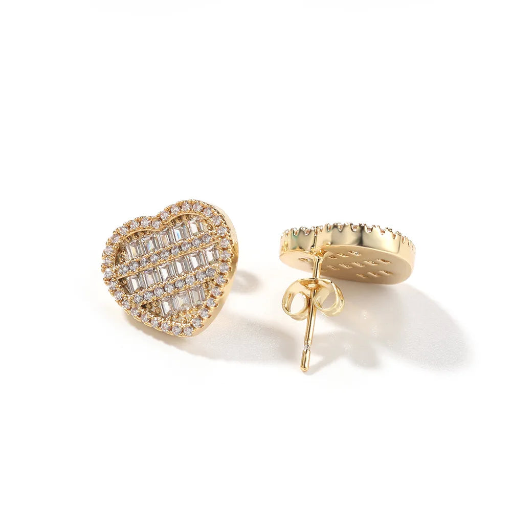 2023 New Arrivals Brass Silver Micro Paved Cubic Zirconia Diamond Love Icy Baguette Heart Earrings Parties Weddings Engagements