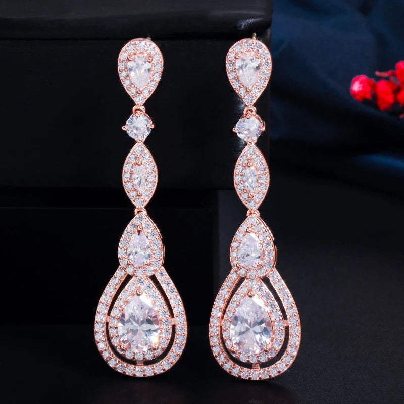 Rose Gold Plated Luxury Long Dangle Round Water Drop Elegant CZ Earrings for Women Bridal Wedding Jewelry Dress