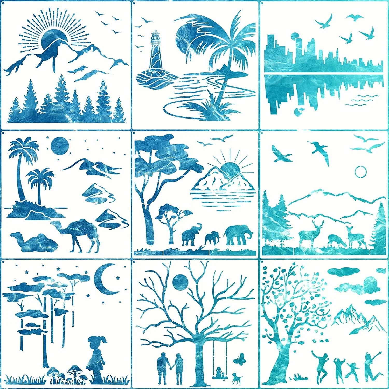 9 Pieces Forest Landscape Stencil Reusable DIY Animal Drawing Template for Painting on Wood Wall Decor