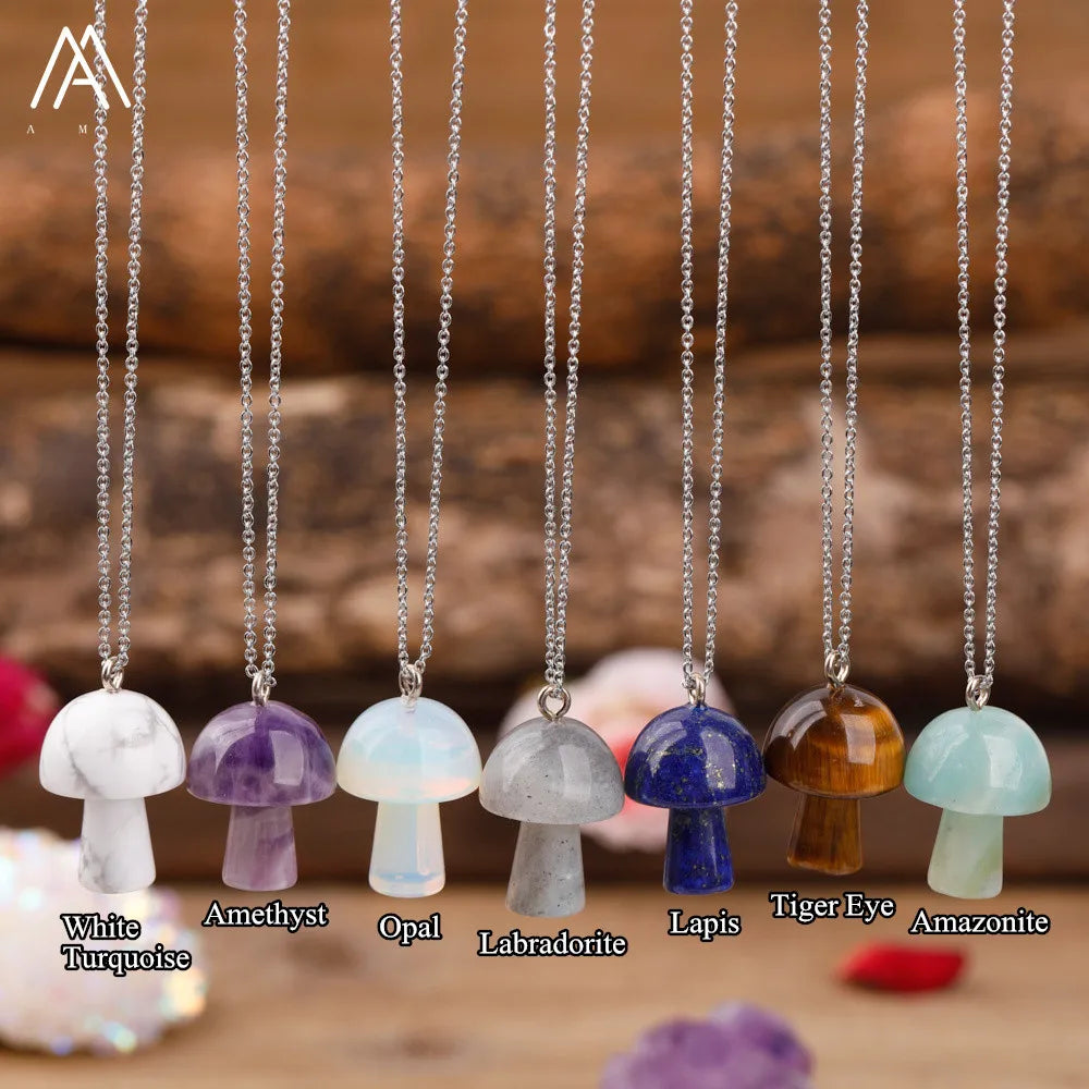 Wholesale Gemstone Mushroom Necklace Gold Plated Box Chain Crystal Pendant Choker for Women Bohemian Party Jewelry Gift
