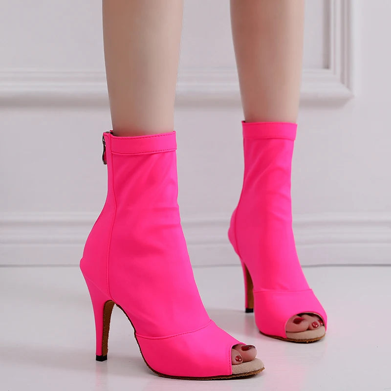 Women Ballroom Latin Dance Shoes Black Soft Bottom Bachata Salsa Dance Sandals Woman Thin Heel 9cm 10cm 11cm Sock Boots