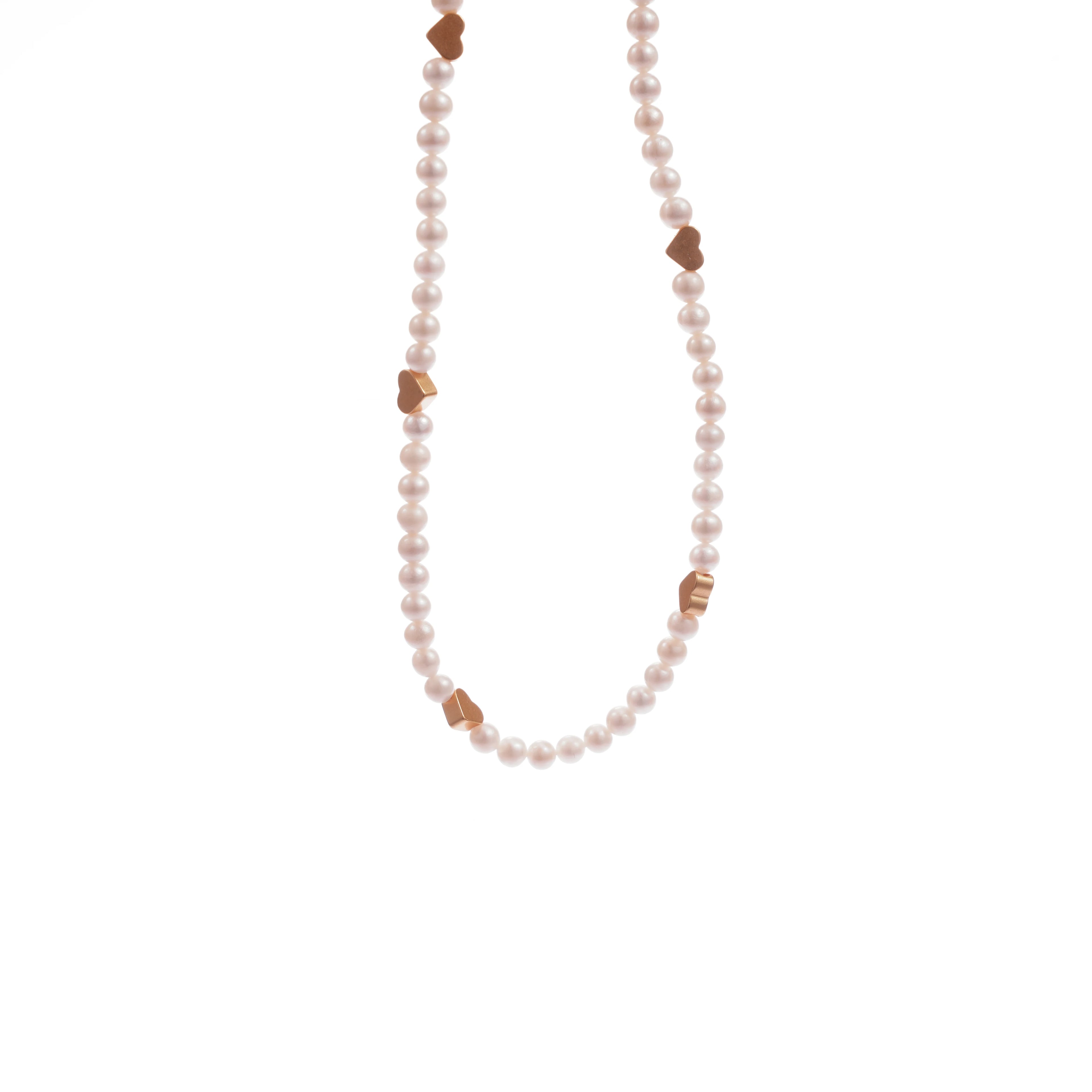 Fashion Personalized Real Gold Plated Brass Natural Beaded Pearl Romantic Heart Charm Necklace for Wedding