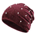 Women Shine Pearls Beanie Elastic Jersey Slouchy Velvet Hats With Rhinestones