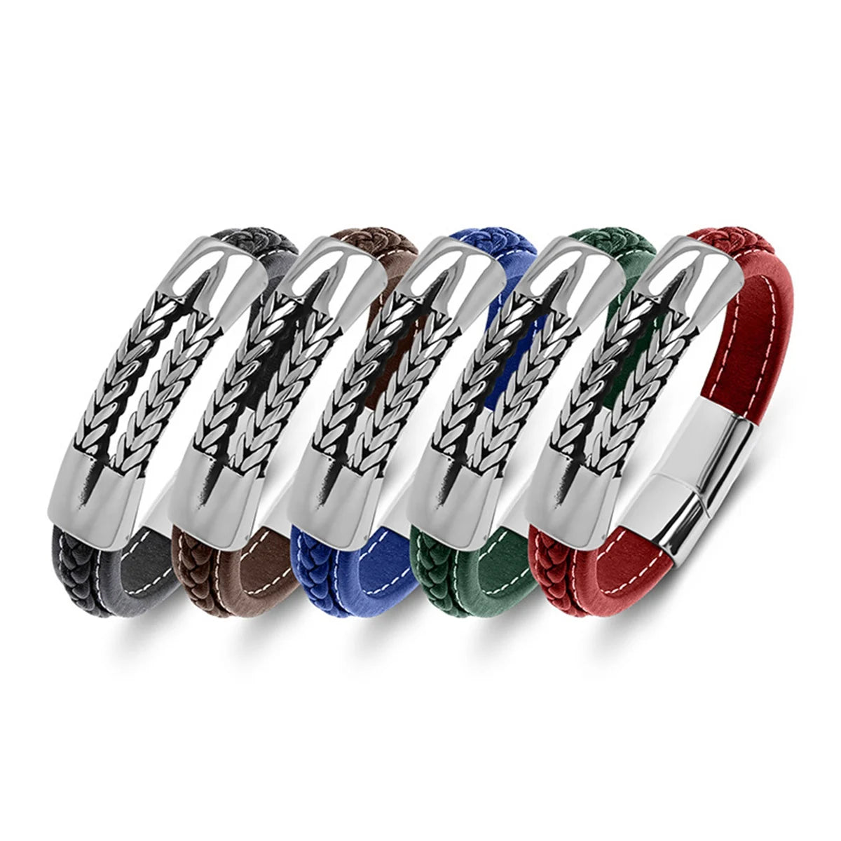 OEM/ODM Men Punk Stainless Steel  Charm Genuine Woven Leather Magnetic Clasp Custom Bracelets