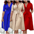 D506 High Quality Summer African Dress for Women Suit Collar Short Sleeve Solid Color A-line Elegant Casual Dresses