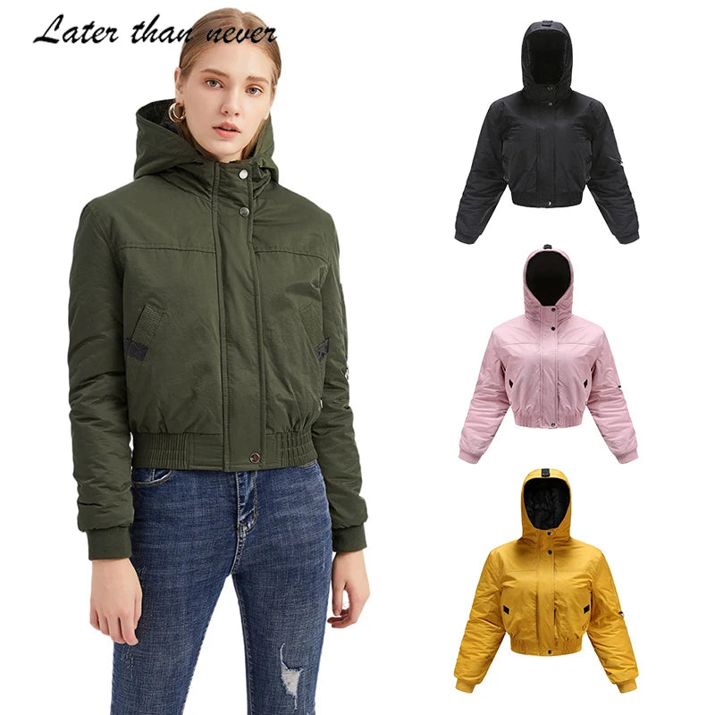 Womens Winter Hooded Casual Outerwear Quilted Full Zipper up Cotton Padded Puffer Jacket Cropped Bubble Coat Style