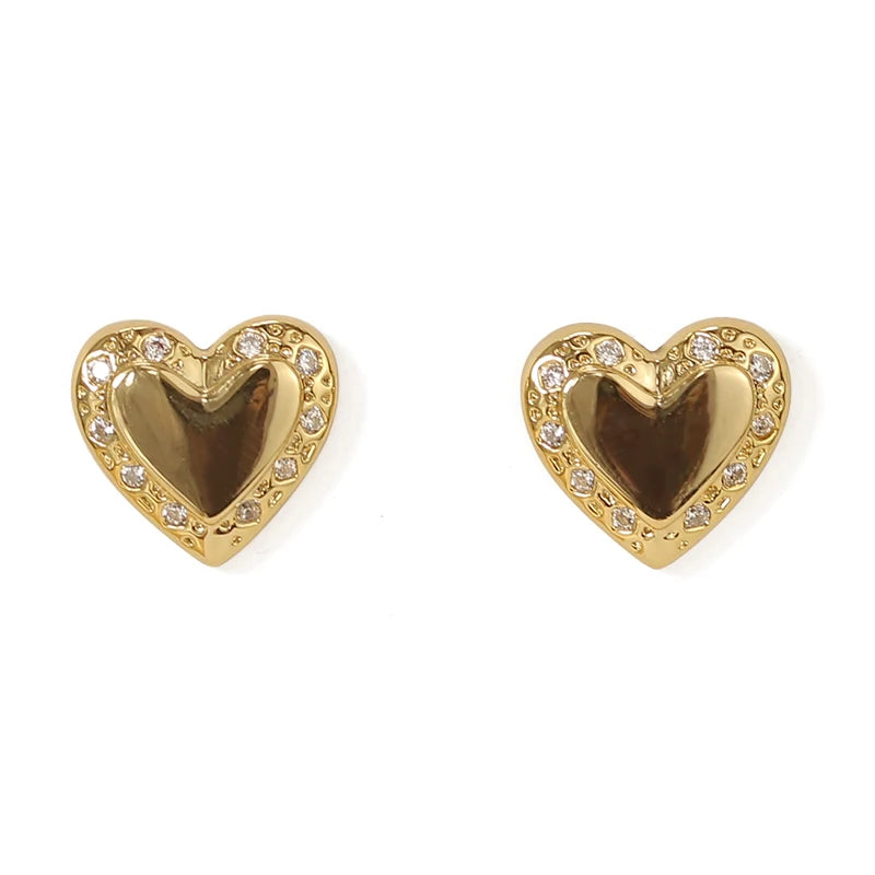 Fashion Women Jewelry 18K Gold Plated Love Stud Earrings Hypoallergenic Cubic Zircon Chunky Heart Earrings
