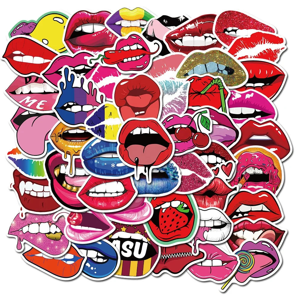 50Pcs Sexy Red Lips Girl Woman Makeup Paper Decals for Home Notebook Car Wall Window Luggage Laptop Vinyl Printing Stickers