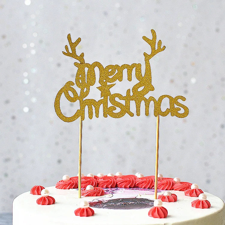 Gold & Red Merry Christmas Cake Toppers Shine Paper Party Decoration Supplies Xmas Topper Set
