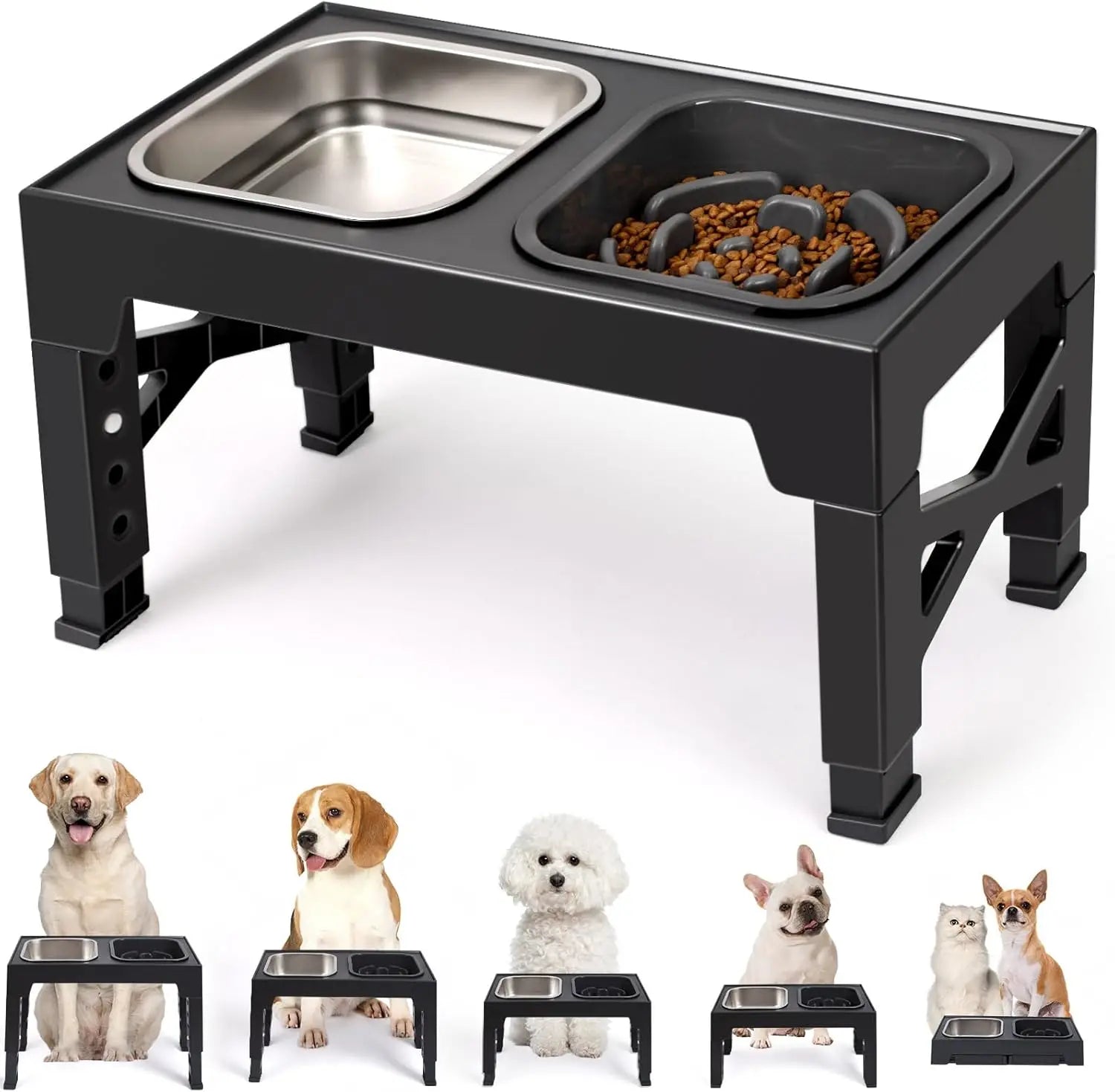 Adjusts to 5 Heights Elevated Dog Feeder Bowls With Slow Feeder Bowl & Stainless Steel Dog Food Bowl