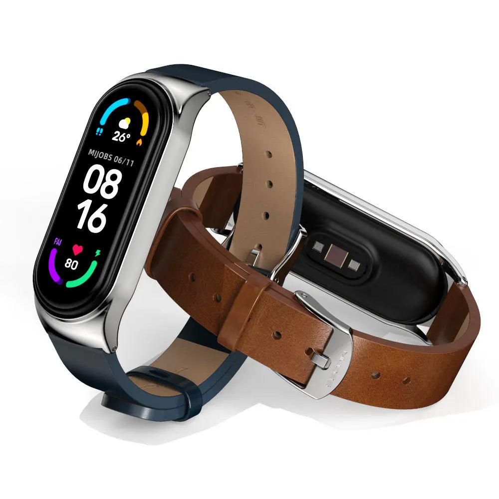 Mijobs PU Genuine Leather Smart Watch Band Strap Wristband for Xiaomi Mi Band 3 4 5 6 7 Accessories