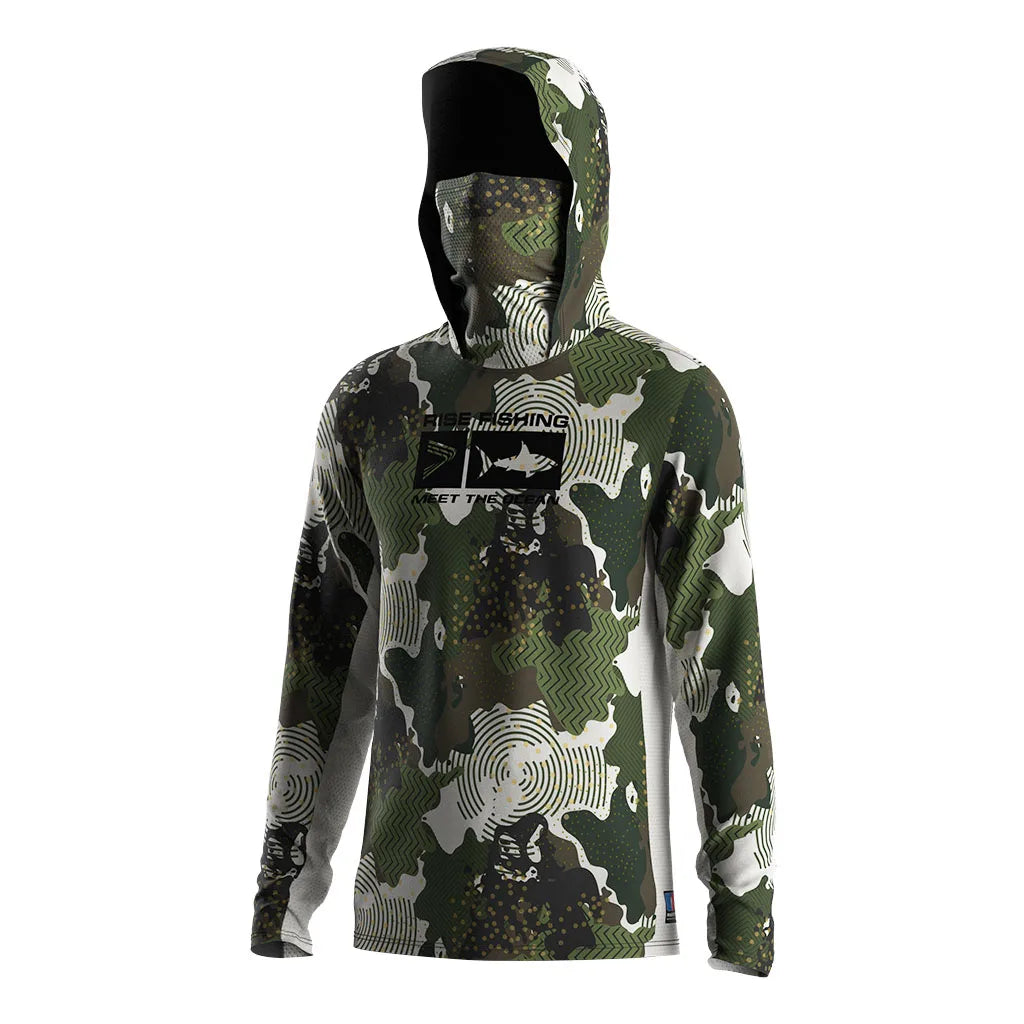 Sublimation Long Sleeve Fishing Shirt Men Hooded Design Vented Face Shield Side Cooling Panels Summer Sun Guard Wear