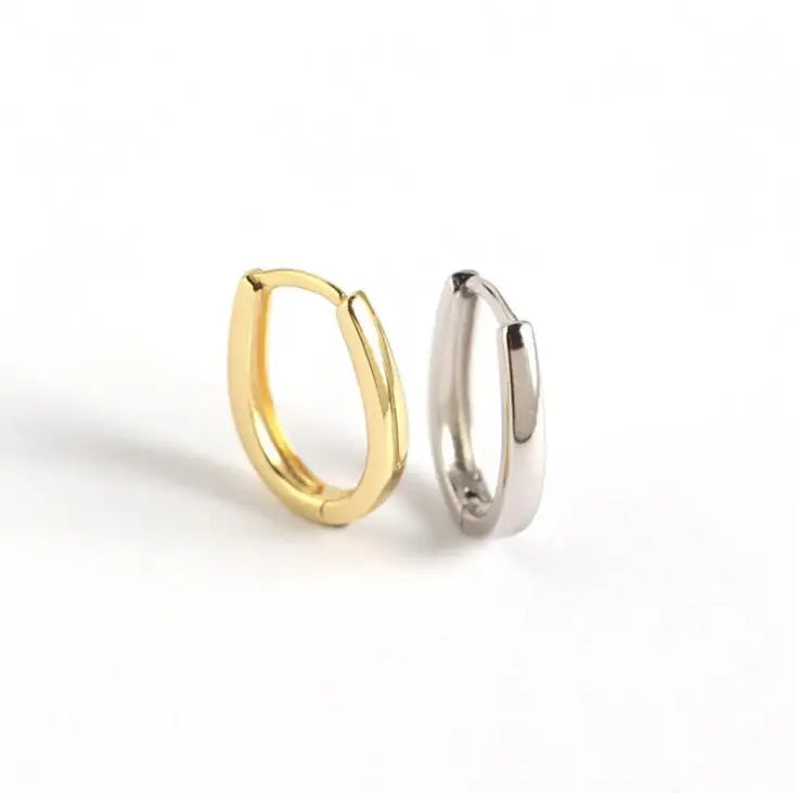 Modern Simple Sterling Silver Minimalist Jewelry Best Friends Gift Women Gold Plated Plain Flat Circle Oval Hoop Earrings