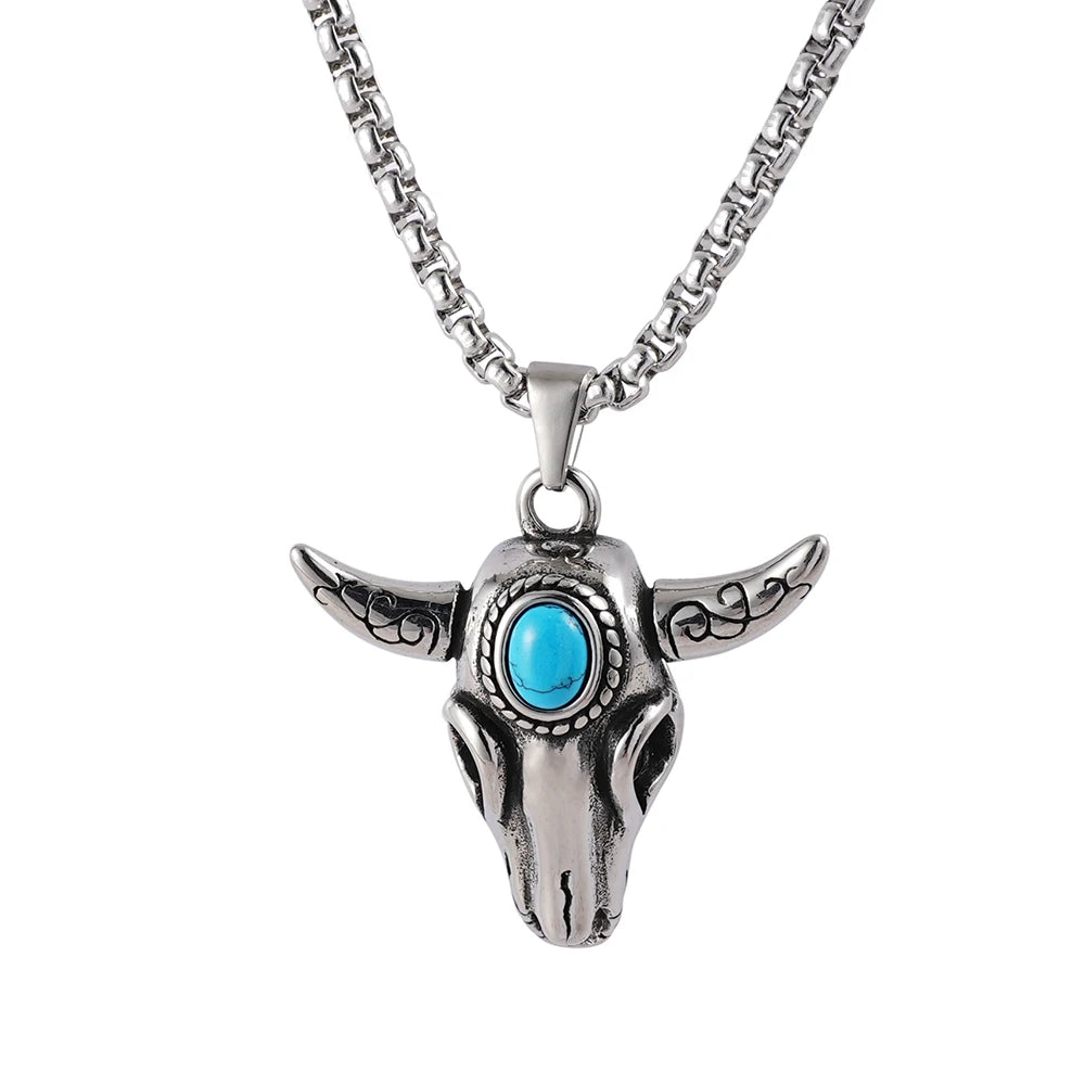Promotional Stainless Steel Turquoise Bull Head Necklace Animal Bull Skull Pendant Necklace