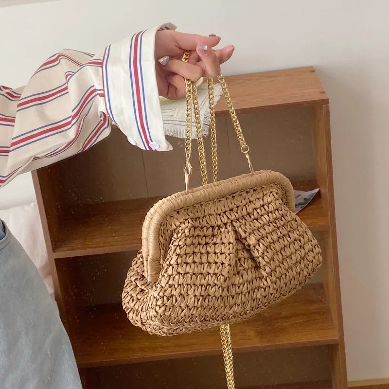 2023 New Womens Fashion Korean Straw Braided Bag Chain Handbag Summer Womens Single Shoulder Crossbody Bag