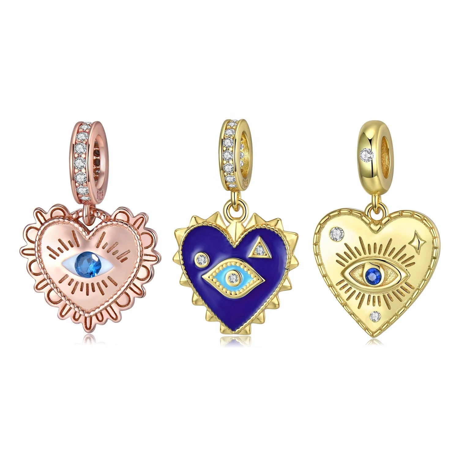 Heart Shape Devil Eye Pendant 925 Sterling Silver Bead with CZ Rose Gold Plated for Women Fine Charm Jewelry Bracelet Wholesale