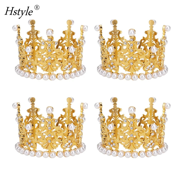 4 Pack Mini Princess Gold Crown Cake Topper Crystal Pearls Tiara for Girl Women Wedding Birthday Party Cake Decoration PQ83