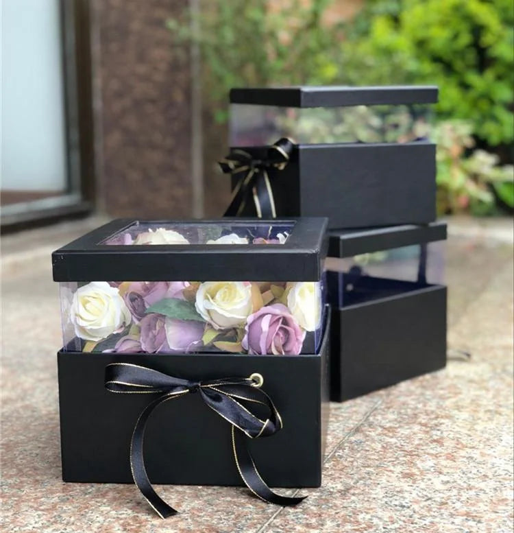 High Quality 3-Piece Set PVC Transparent Square Lifting Box Matt Lamination Print Handled Flower Gift Box for Gift Packaging