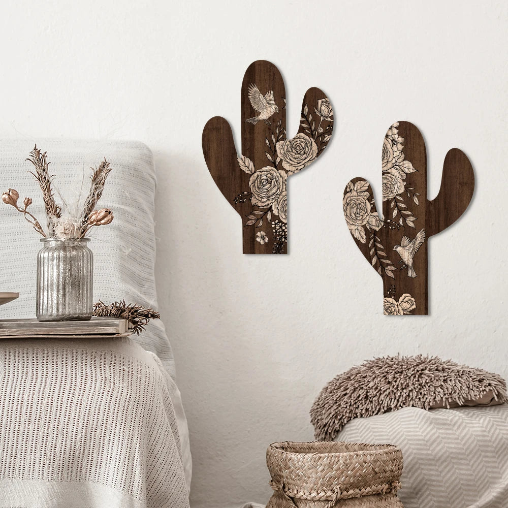 Cactus Shape Boho Farmhouse Front Door Living Room Wooden Wall Mounted Decor Wooden Plaque Sign