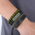 Vintage Retro Men Bracelets Green Wood Beads Wrap Braided Leather Wristband Bracelet for Male Gift Jewelry Pulsera De Cuero