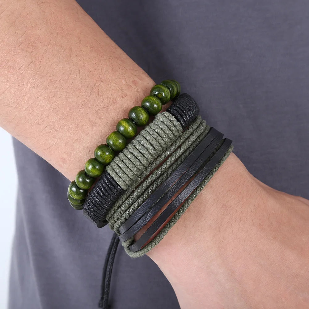 Vintage Retro Men Bracelets Green Wood Beads Wrap Braided Leather Wristband Bracelet for Male Gift Jewelry Pulsera De Cuero