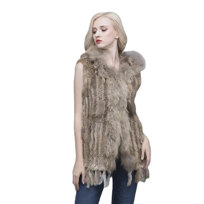 MWFur Fur Vest Fashion Raccoon Collar Decorated With Pockets Winter Fashion Woman Vests Rabbit Fur Hooded Knitting Vest