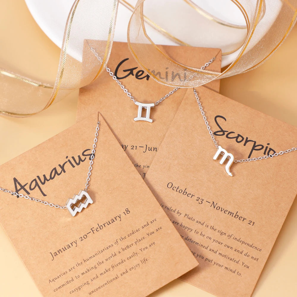 Trendy Constellation Astrology Zodiac Sign Necklace Brown Paper Card Gold Plating Alloy Link Chain Geometric Pattern Jewelry