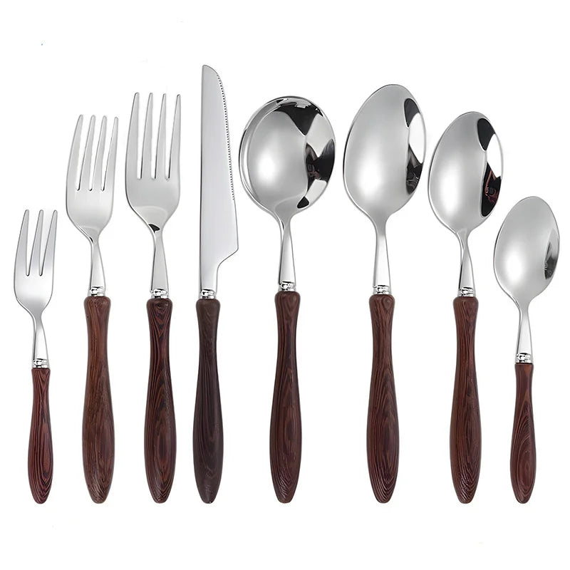 Japanese Chicken Wing Wood Handle 304 Stainless Steel Cutlery Knife Dessert Fork Spoon Flatware Set