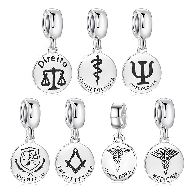 Real 925 Sterling Silver Dentistry Sign Letter ODONTOLOGIA Charms Pendants Fit Charm Bracelets Necklace Wholesale Jewelry