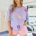 Summer Cotton Drop Shoulder Oversized Sequined Flower Girls Mardi Gras T Shirts Soft Custom Sequin Shiny Logo Women's T Shirts